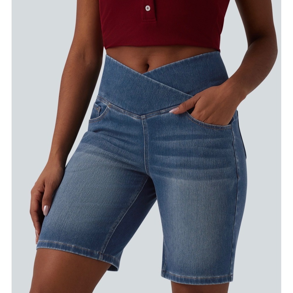 Halara Flex High Waisted Crossover Tummy Control Denim Bermuda Shorts Blue